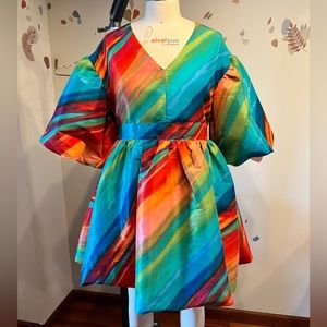 NY&CO Bright Rainbow Taffeta Puff Sleeve Dress Size M